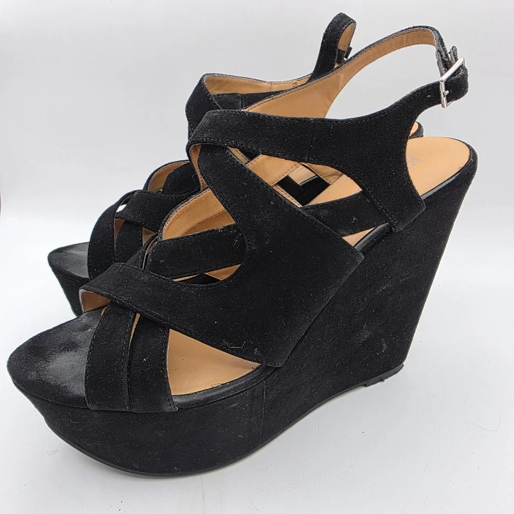 Kelsi Dagger Nelly Black Suede Strappy Platform Wedge Sandals Womens 10M